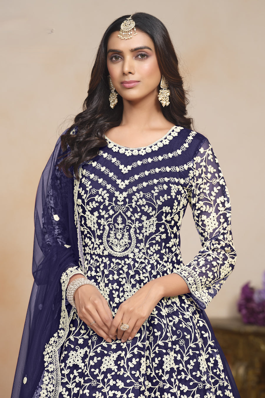 Navy Blue Net Anarkali for Wedding Function with Dori Work