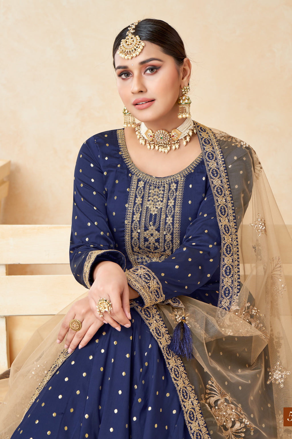 Navy Blue Taffeta Silk Anarkali Gown Dress for Ladies with Thread and Sequins Embroidery