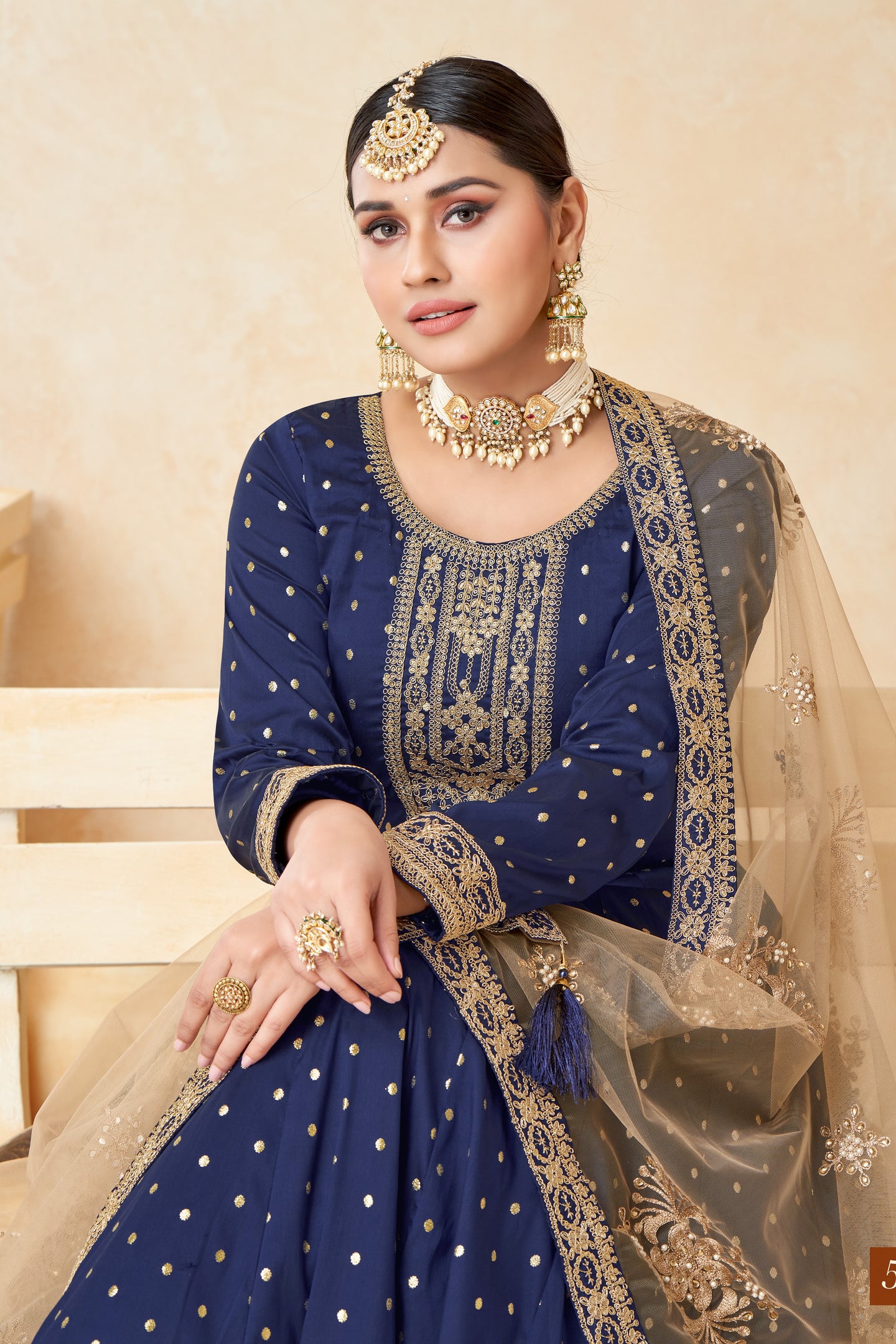 Navy Blue Taffeta Silk Anarkali Gown Dress for Ladies with Thread and Sequins Embroidery