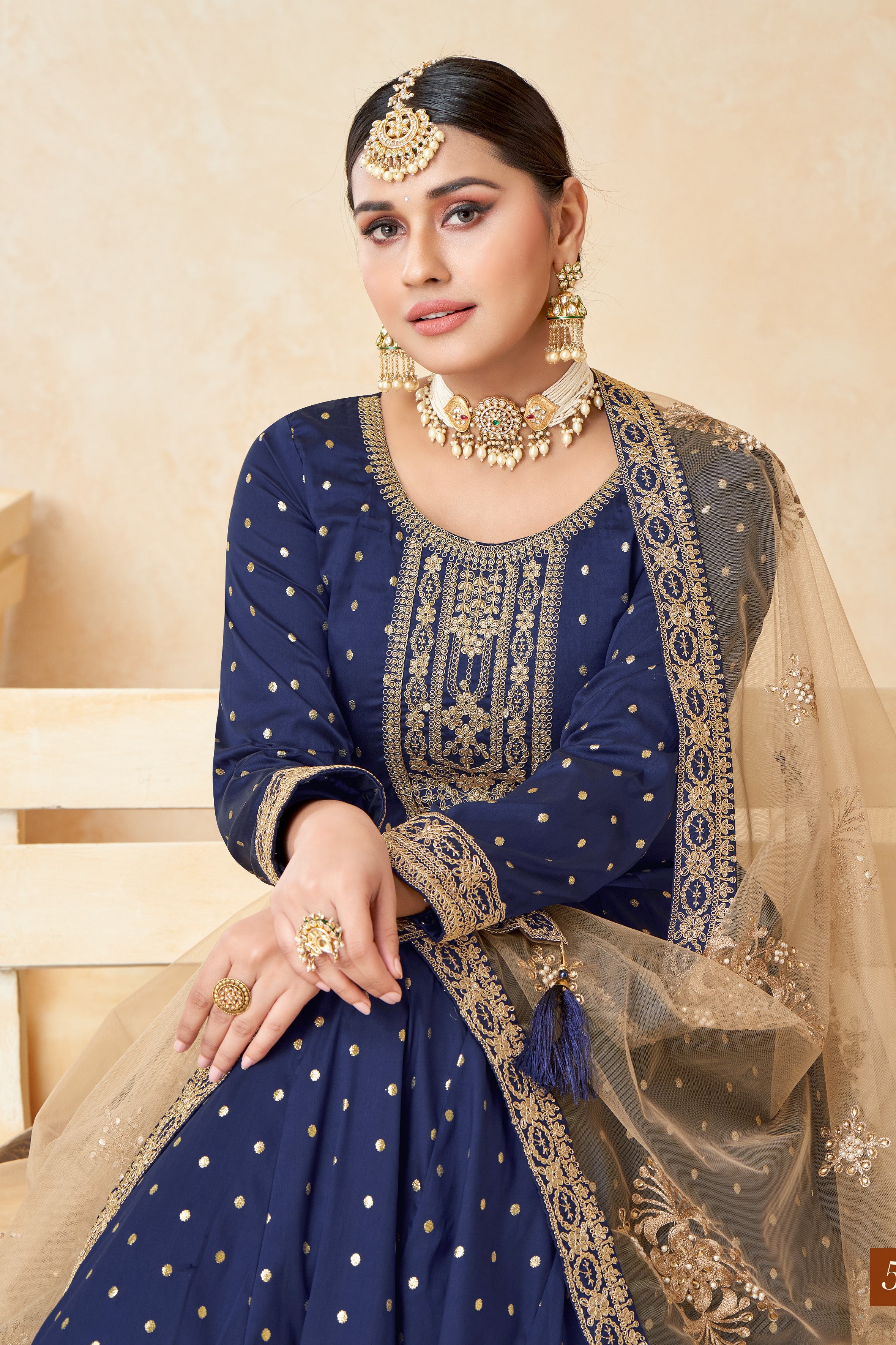 Navy Blue Taffeta Silk Anarkali Gown Dress for Ladies with Thread and Sequins Embroidery