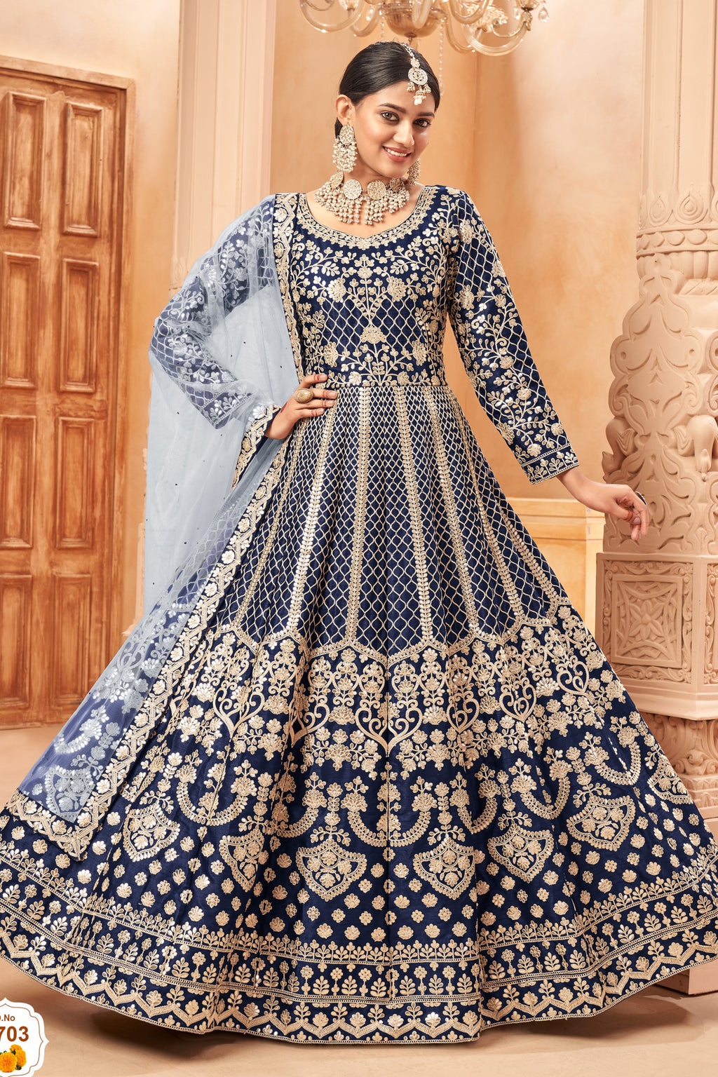 Navy Blue Art Silk Anarkali with Thread Embroidery - Pakistani Dresses Traditional