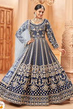 Navy Blue Art Silk Anarkali with Thread Embroidery - Pakistani Dresses Traditional