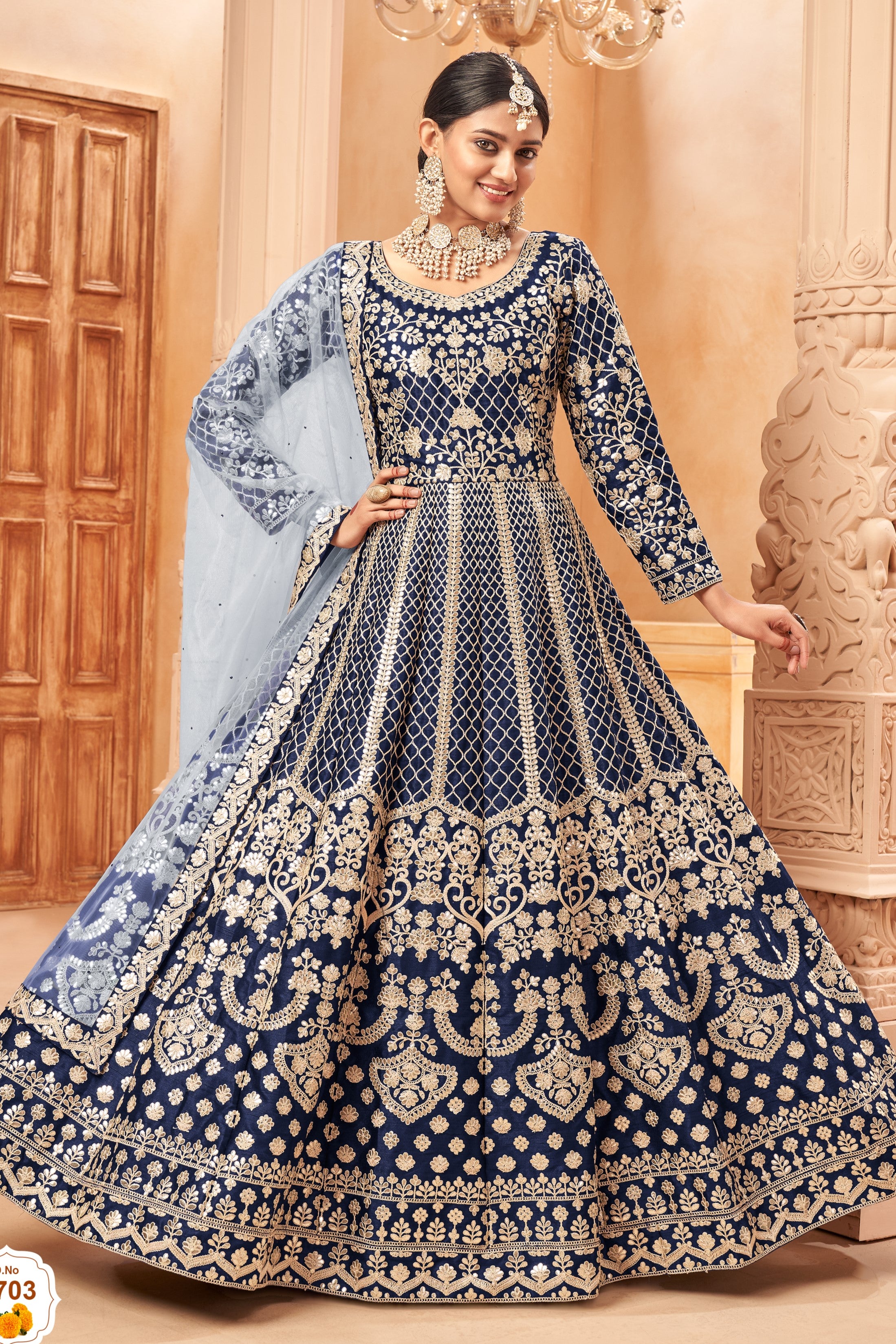 Navy Blue Art Silk Anarkali with Thread Embroidery - Pakistani Dresses Traditional