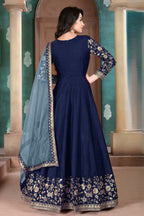 Navy Blue Chinon Silk Anarkali Indian Party Wear Dresses with Thread Embroidery Work