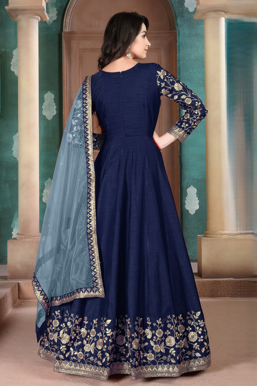Navy Blue Chinon Silk Anarkali Indian Party Wear Dresses with Thread Embroidery Work