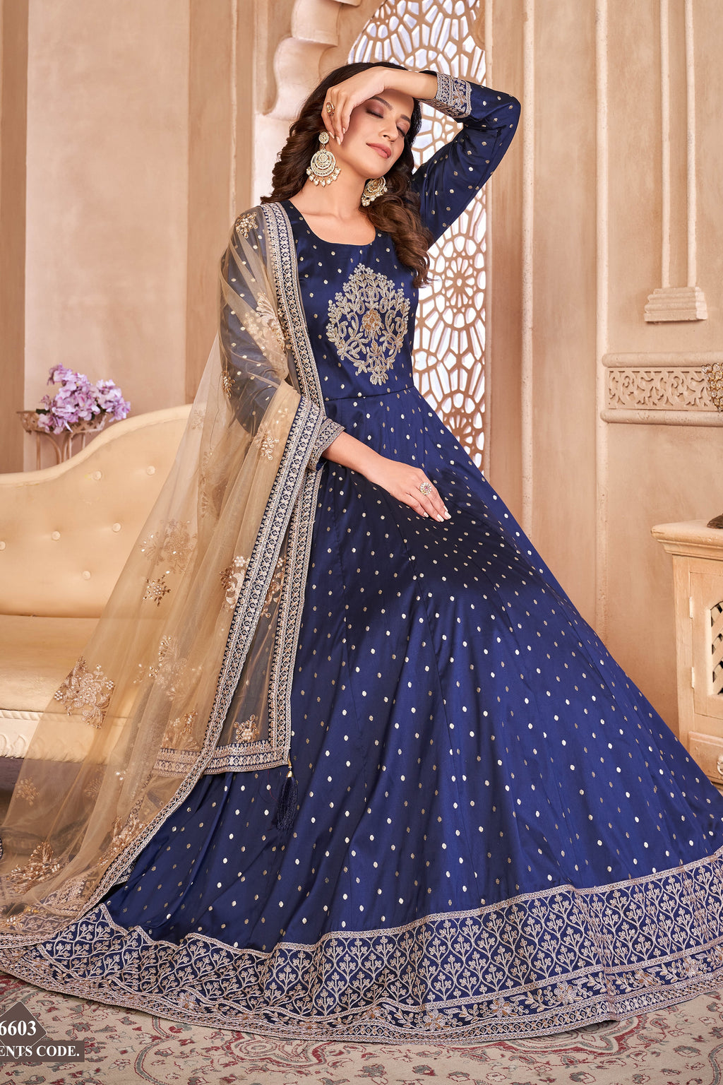 Navy Blue Taffeta Silk Anarkali Suit for Ladies with Thread and Sequins Embroidery