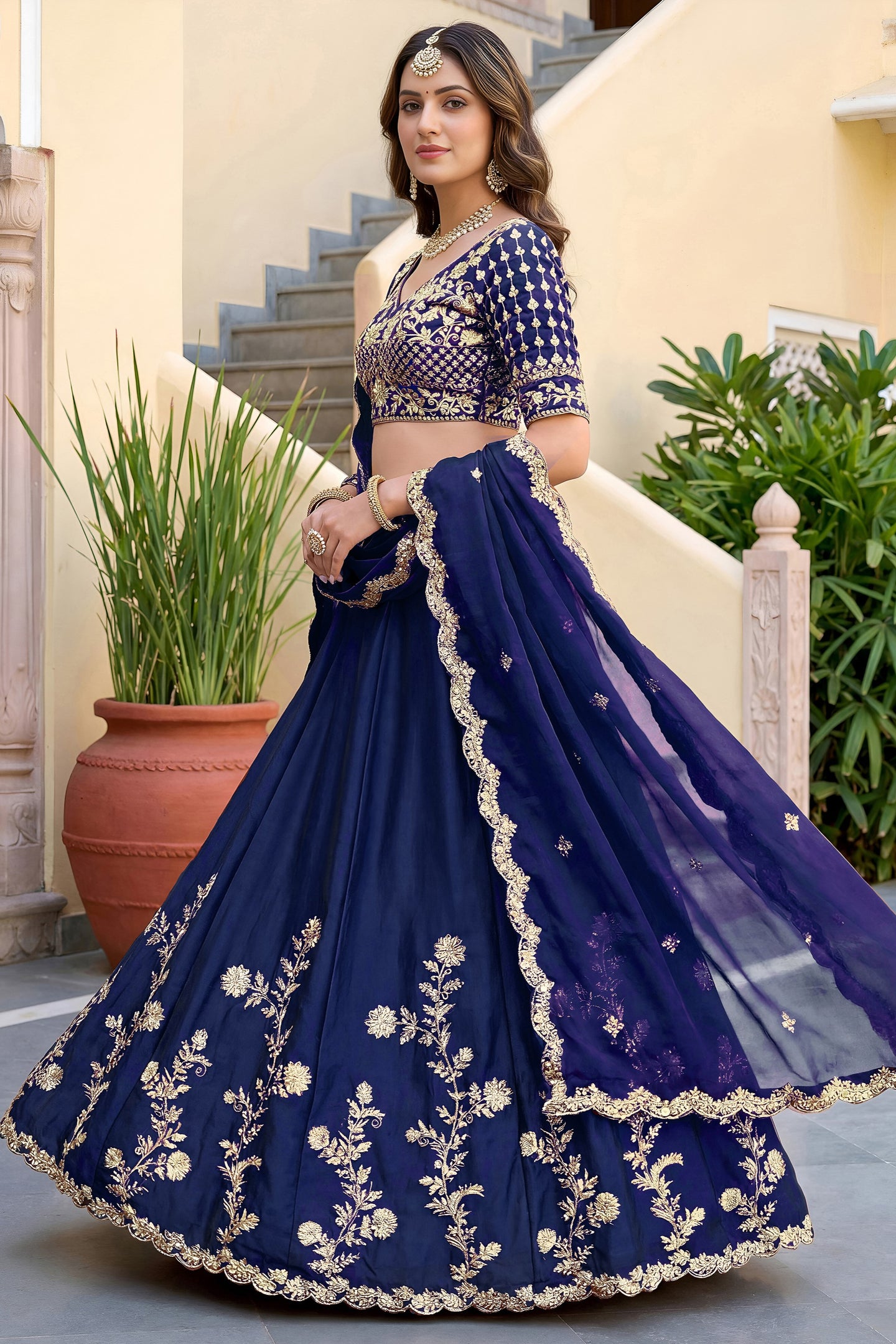 Navy Blue Rangoli Silk Wedding Lengha for Women with Zari Work