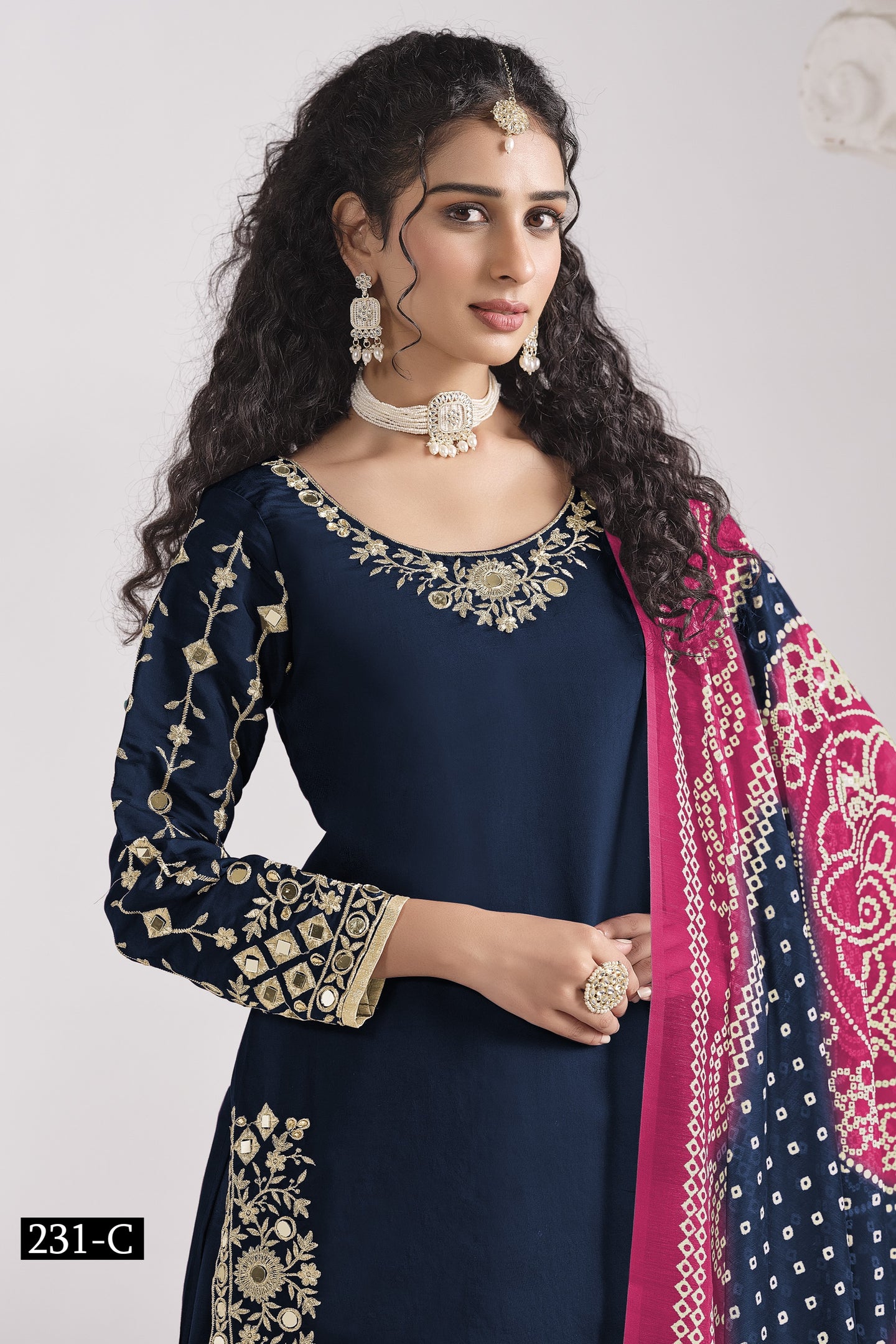 Navy Blue Chinon Silk Wedding Salwar Kameez with Zari and Mirror Work