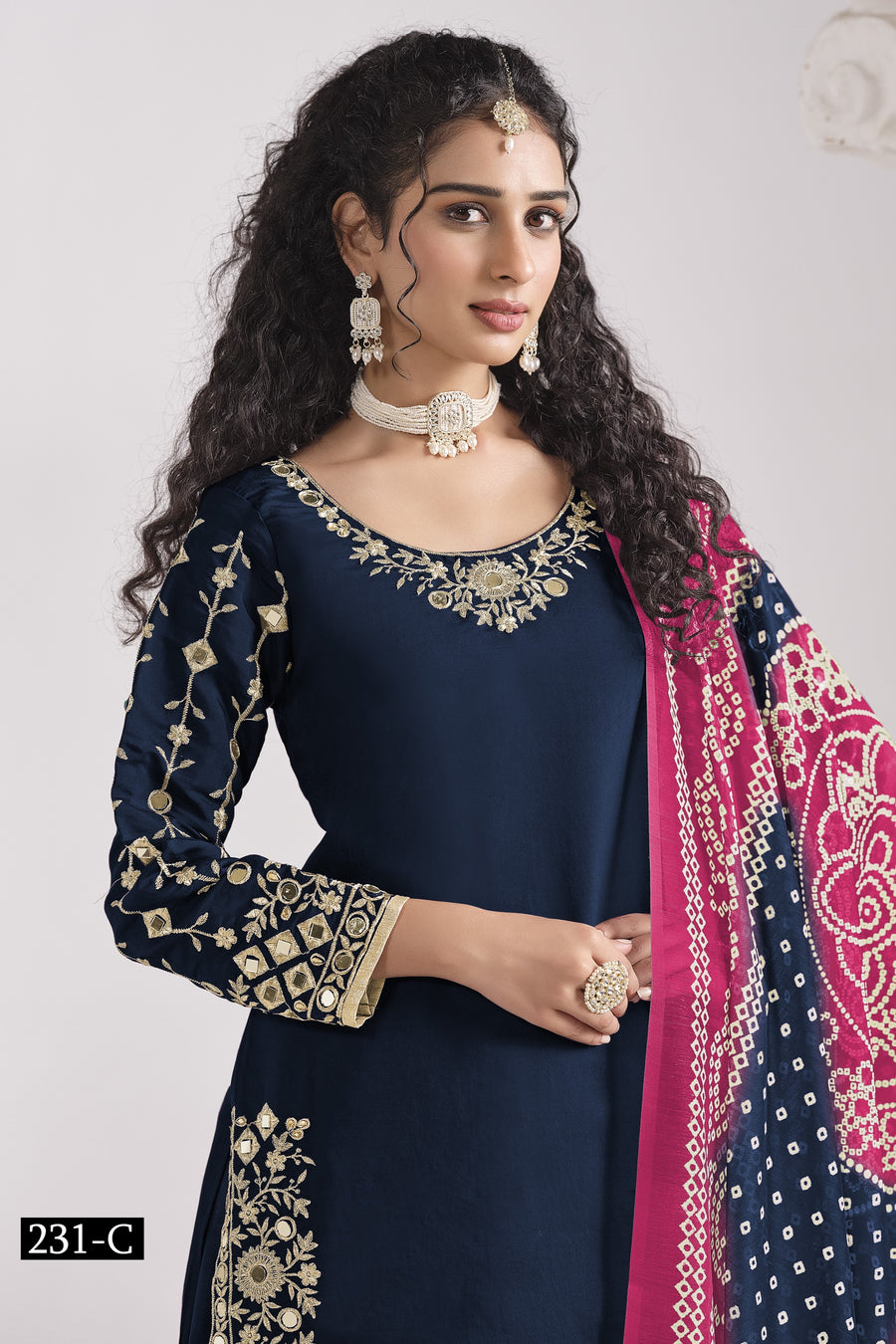 Navy Blue Chinon Silk Wedding Salwar Kameez with Zari and Mirror Work
