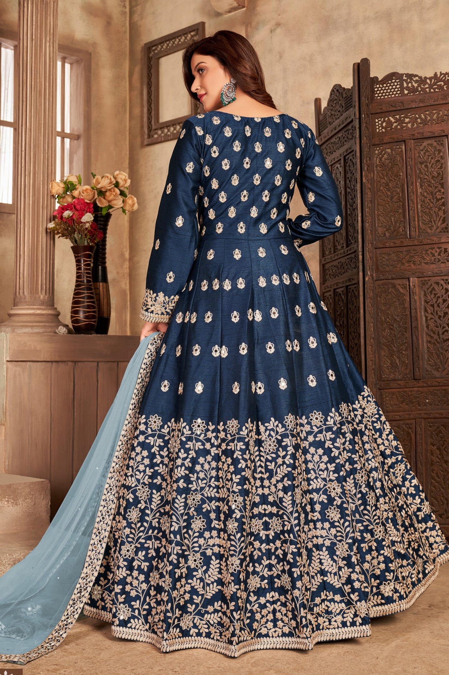 Navy Blue Art Silk Indian Anarkali Dress with Mirror Work