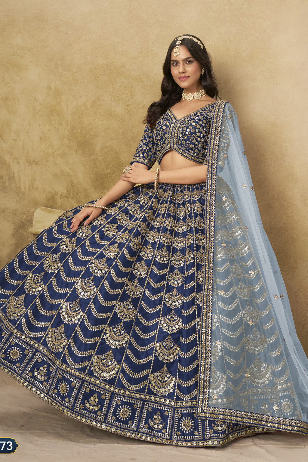 Navy Blue Art Silk Lehenga Choli for Indian & Pakistani Wedding Festival - Thread & Sequin Embroidery Work