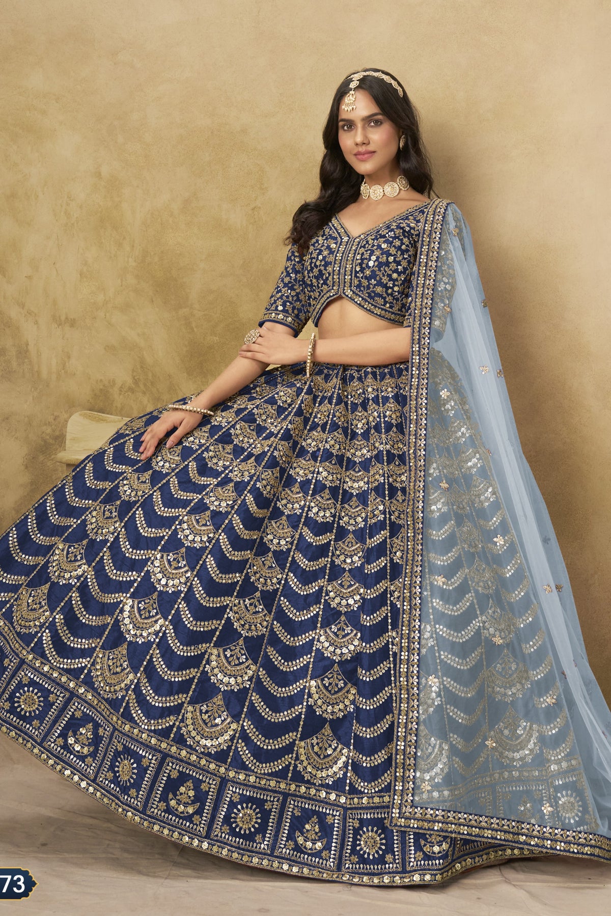 Navy Blue Art Silk Lehenga Choli for Indian & Pakistani Wedding Festival - Thread & Sequin Embroidery Work