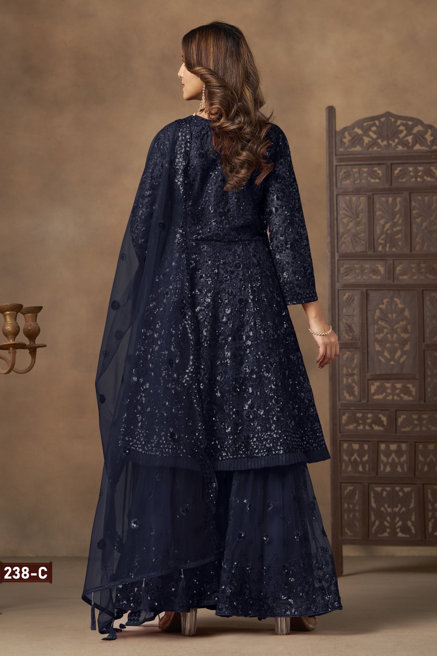 Navy Blue Net Palazzo with Thread and Sequins Work - Sangeet Outfits for Women