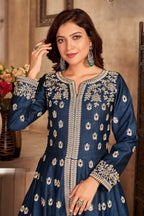 Navy Blue Art Silk Indian Anarkali Dress with Mirror Work