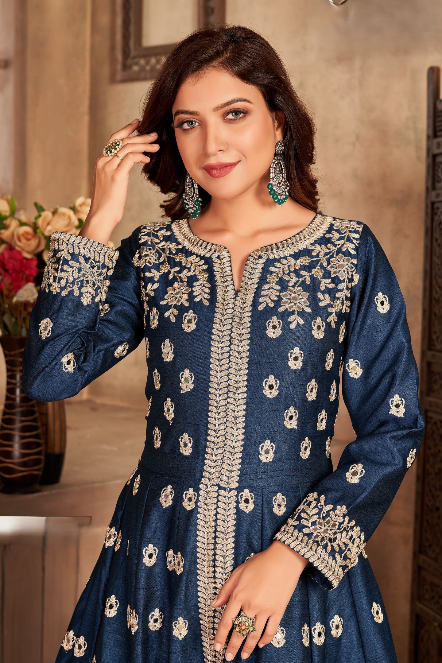 Navy Blue Art Silk Indian Anarkali Dress with Mirror Work
