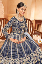 Navy Blue Art Silk Anarkali with Thread Embroidery - Pakistani Dresses Traditional