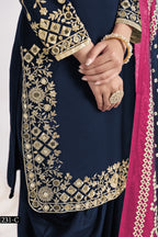 Navy Blue Chinon Silk Wedding Salwar Kameez with Zari and Mirror Work