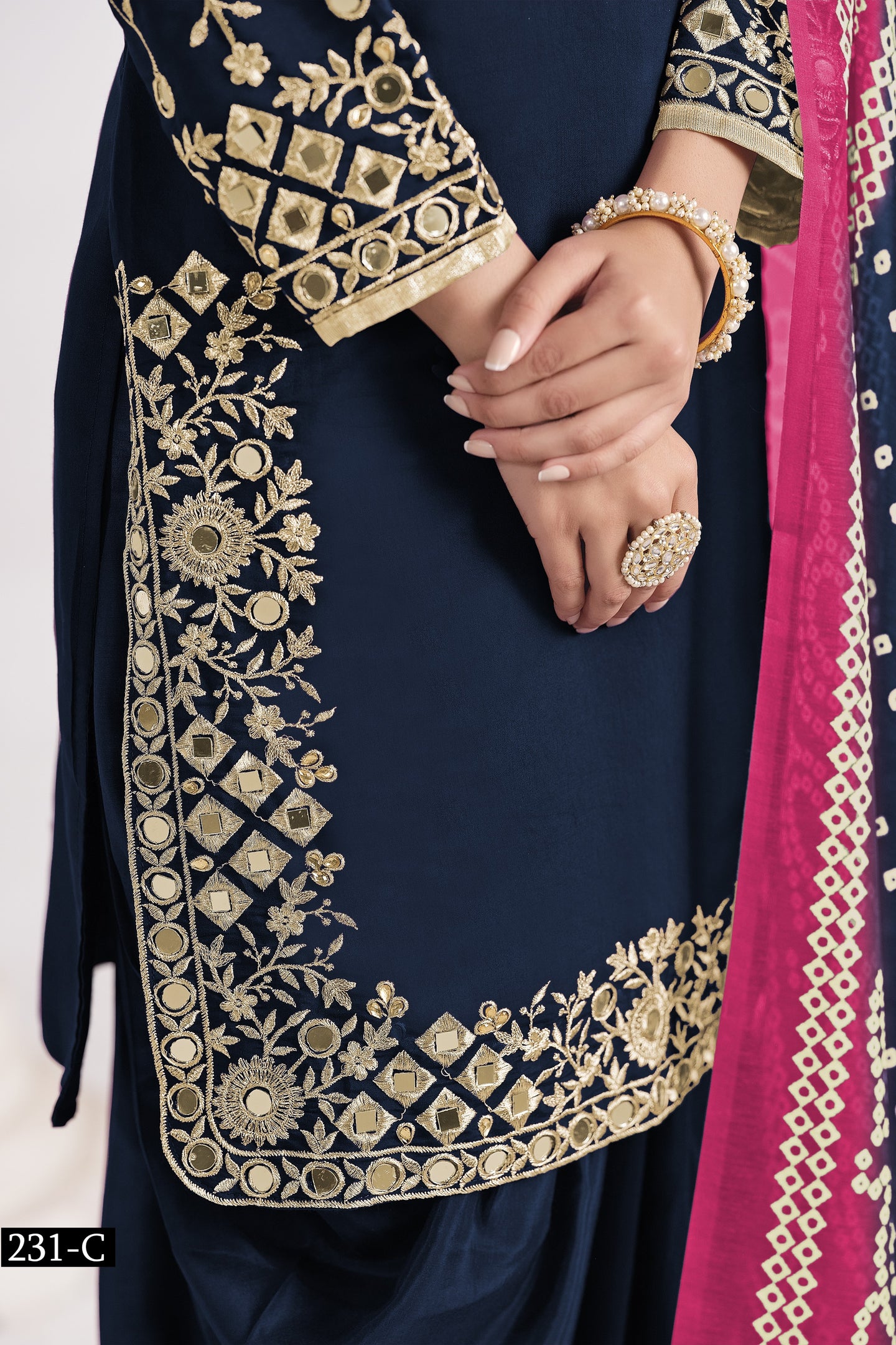 Navy Blue Chinon Silk Wedding Salwar Kameez with Zari and Mirror Work
