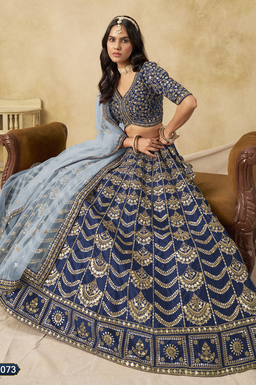Navy Blue Art Silk Lehenga Choli for Indian & Pakistani Wedding Festival - Thread & Sequin Embroidery Work