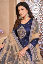 Navy Blue Taffeta Silk Anarkali Suit for Ladies with Thread and Sequins Embroidery