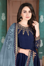 Navy Blue Chinon Silk Anarkali Indian Party Wear Dresses with Thread Embroidery Work