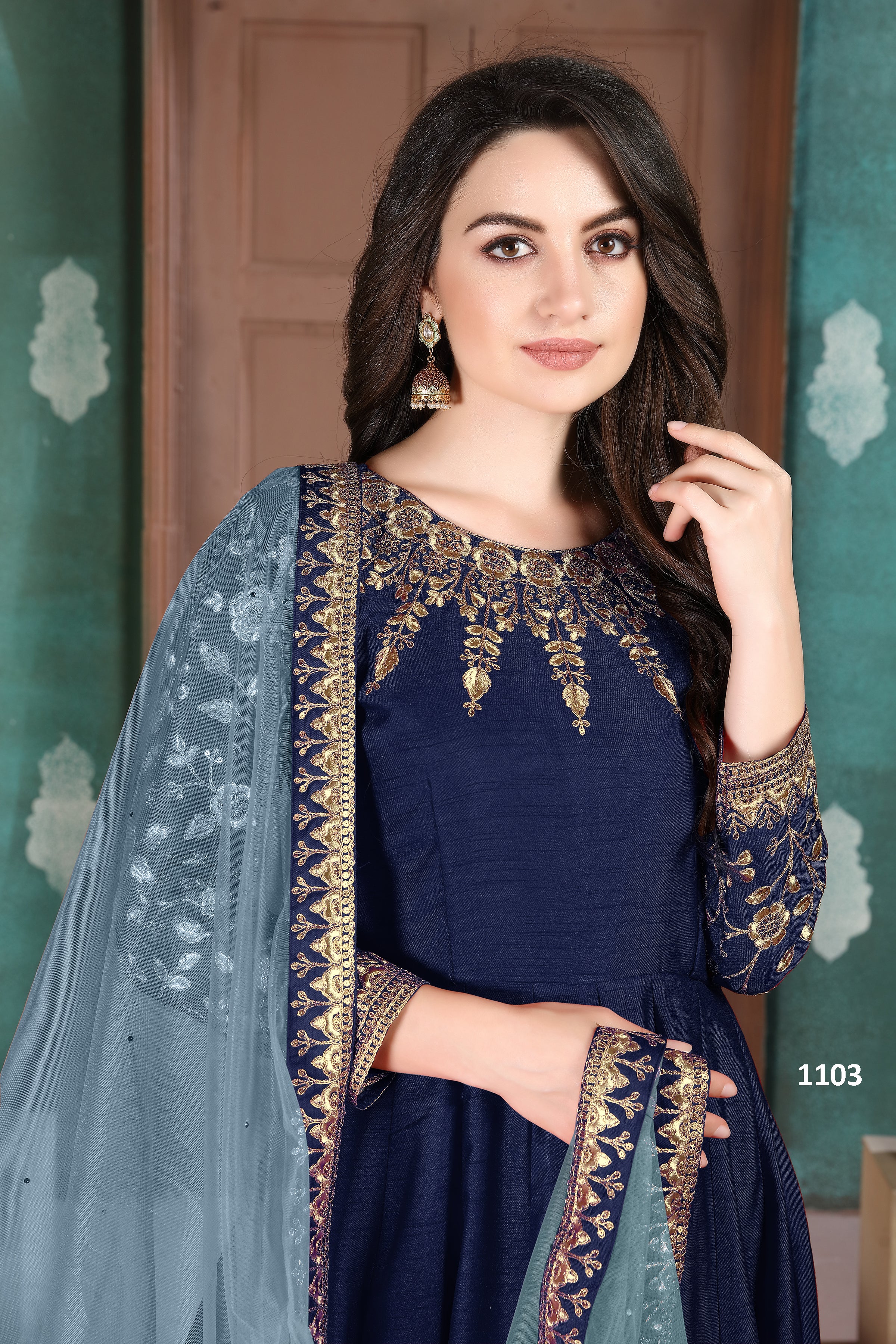 Navy Blue Chinon Silk Anarkali Indian Party Wear Dresses with Thread Embroidery Work