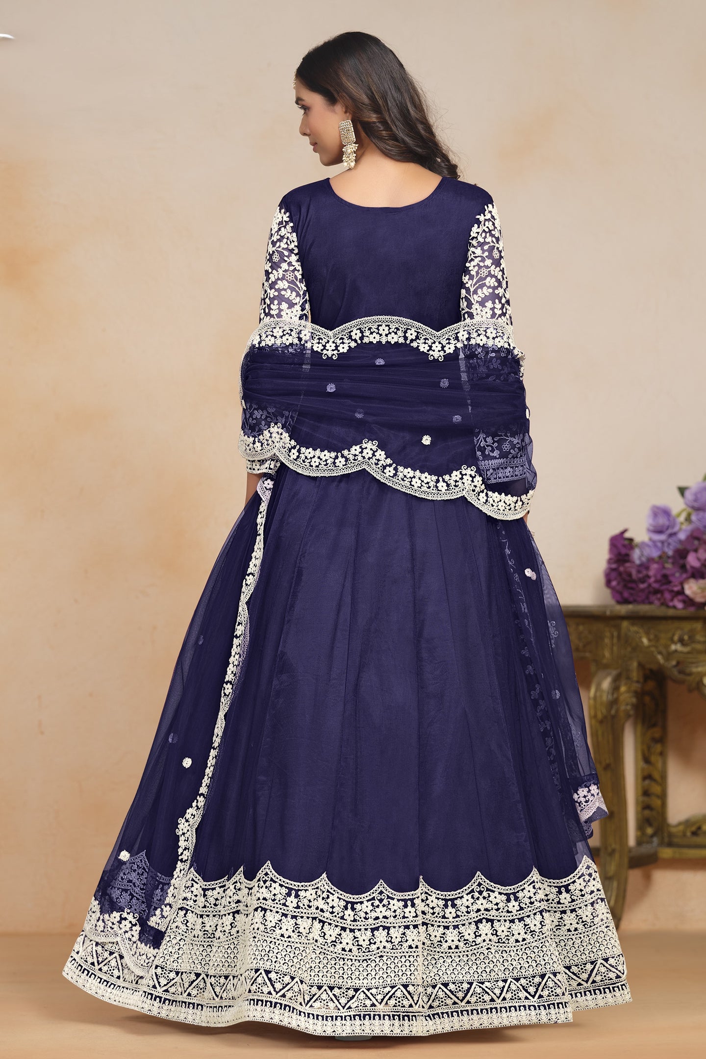 Navy Blue Net Anarkali for Wedding Function with Dori Work