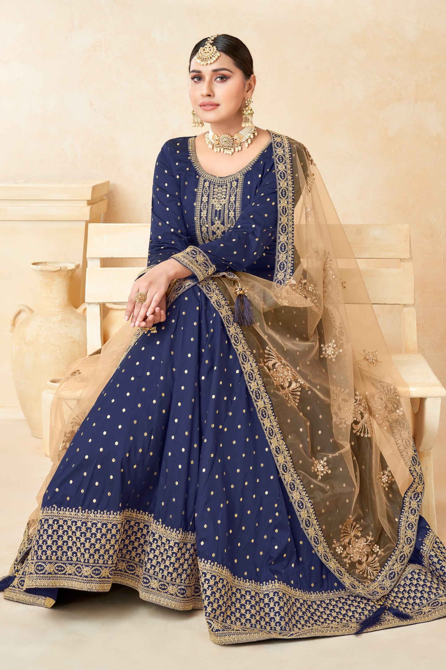 Navy Blue Taffeta Silk Anarkali Gown Dress for Ladies with Thread and Sequins Embroidery