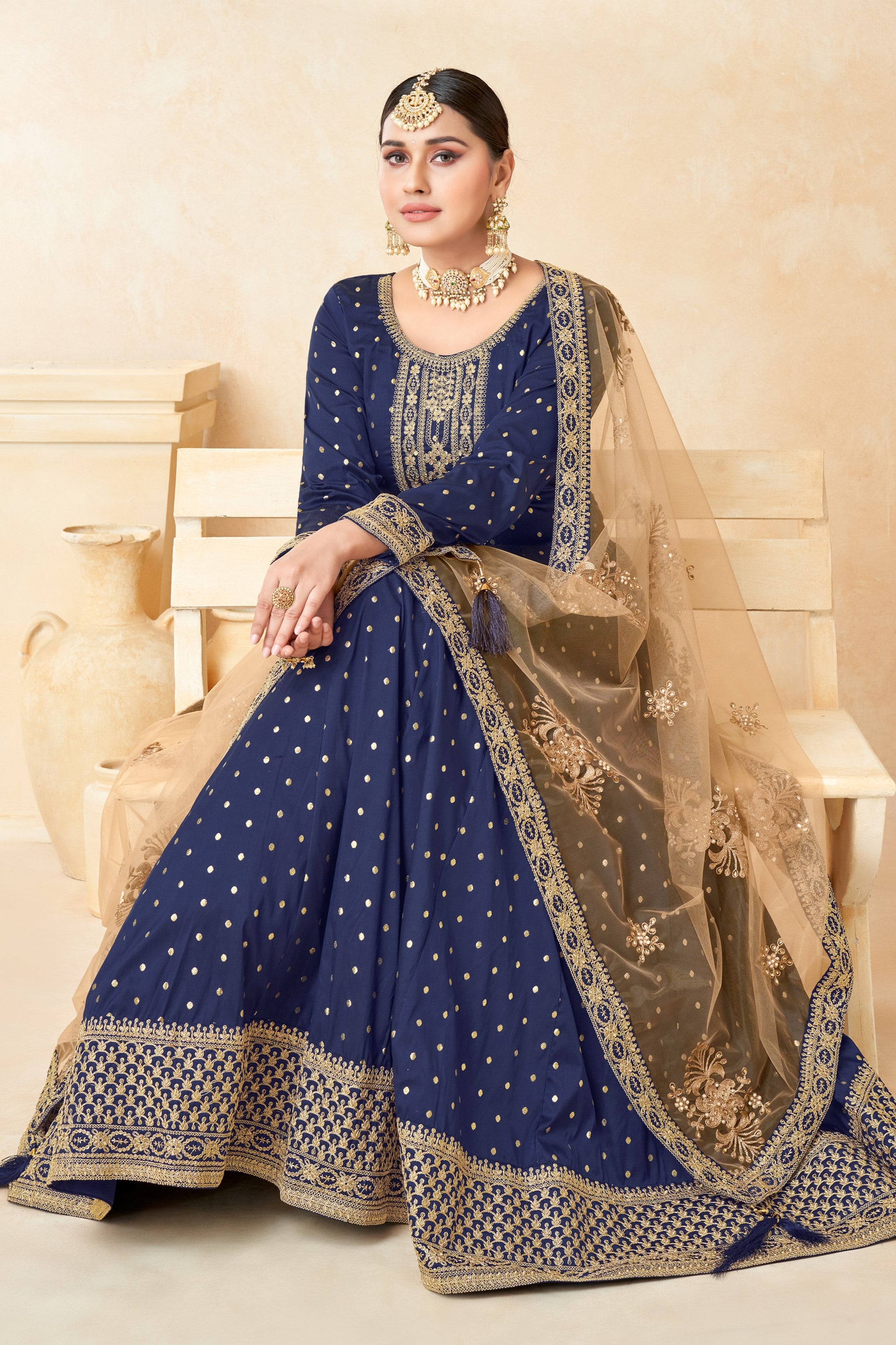 Navy Blue Taffeta Silk Anarkali Gown Dress for Ladies with Thread and Sequins Embroidery