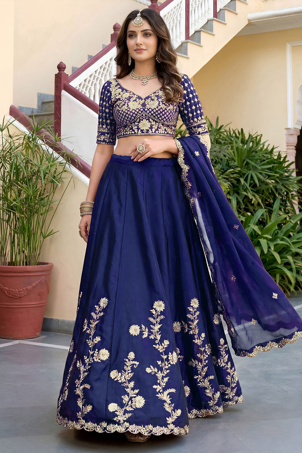 Navy Blue Rangoli Silk Wedding Lengha for Women with Zari Work