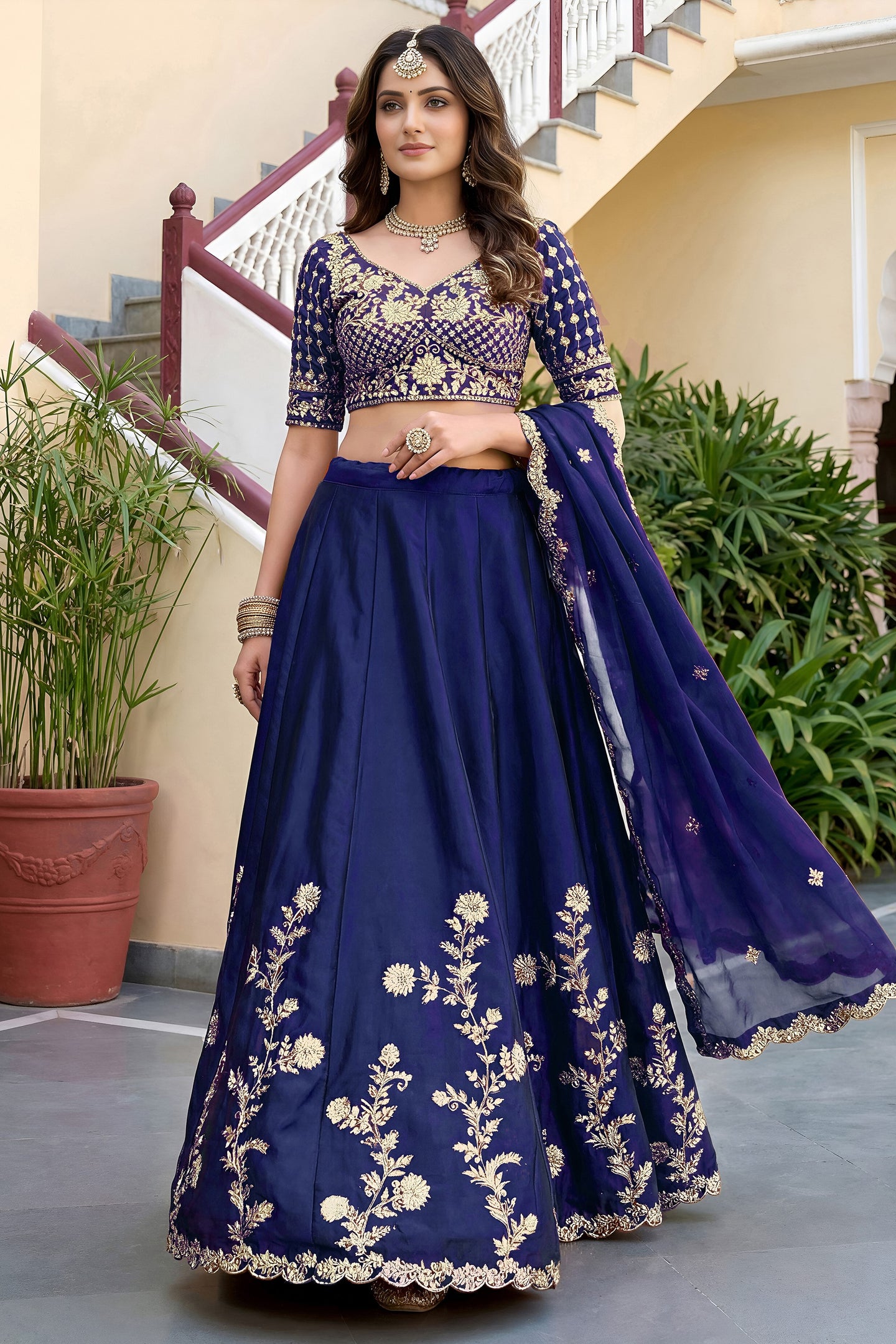 Navy Blue Rangoli Silk Wedding Lengha for Women with Zari Work