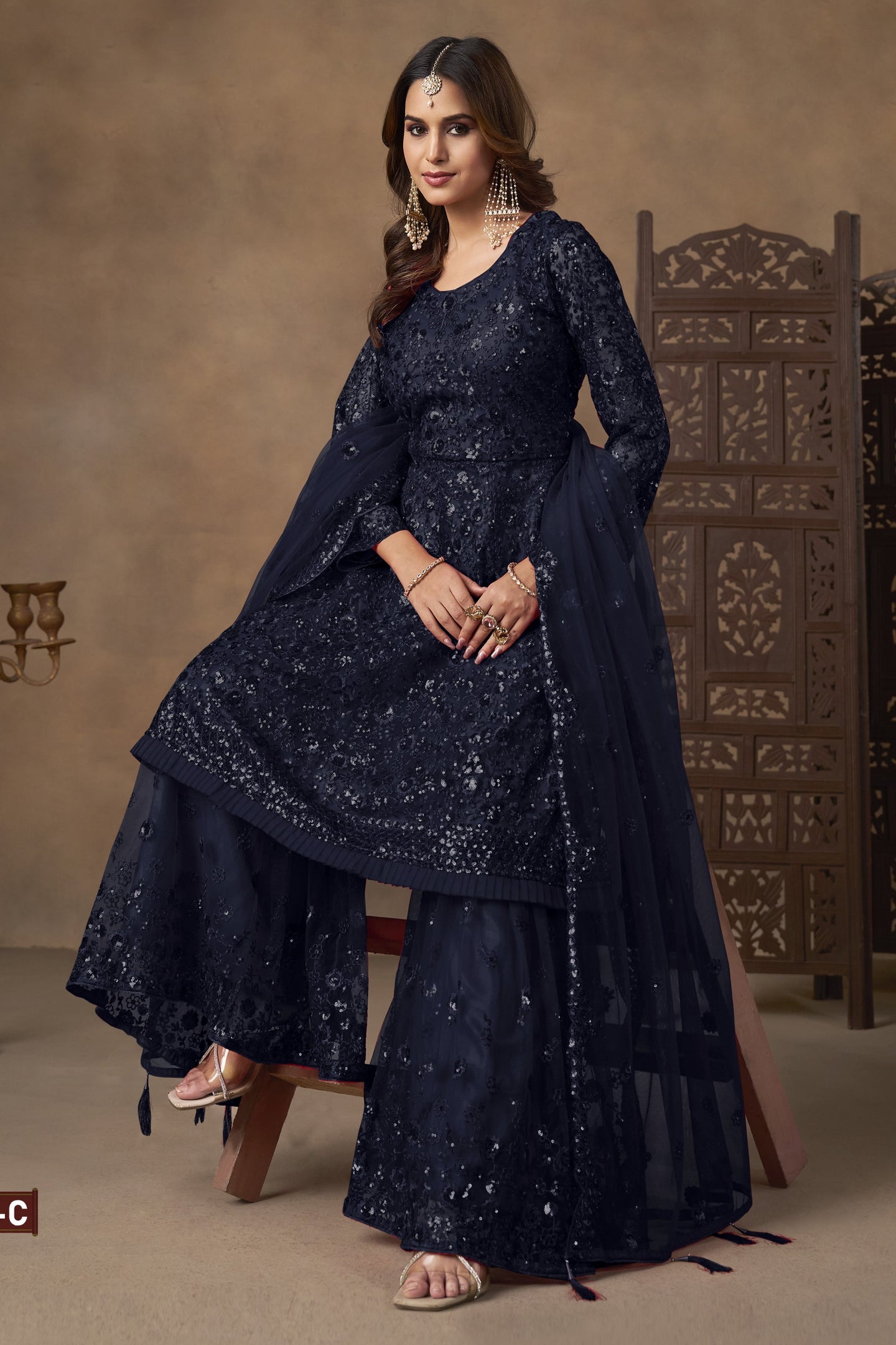 Navy Blue Net Palazzo with Thread and Sequins Work - Sangeet Outfits for Women