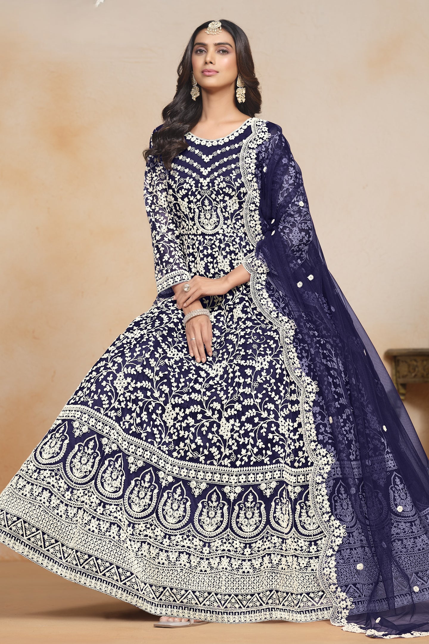 Navy Blue Net Anarkali for Wedding Function with Dori Work