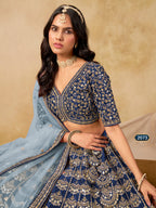 Navy Blue Art Silk Lehenga Choli for Indian & Pakistani Wedding Festival - Thread & Sequin Embroidery Work