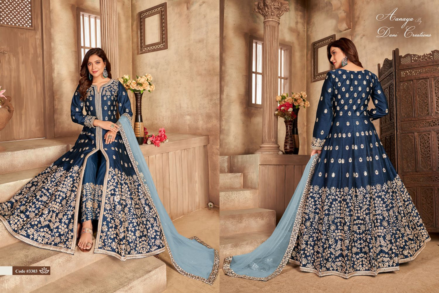 Navy Blue Art Silk Indian Anarkali Dress with Mirror Work