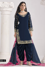 Navy Blue Chinon Silk Wedding Salwar Kameez with Zari and Mirror Work