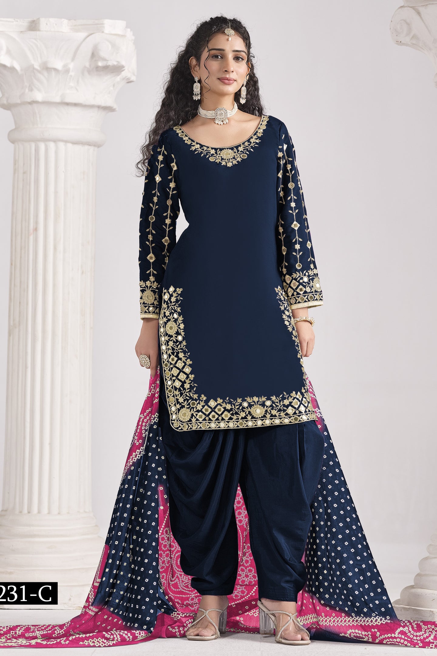 Navy Blue Chinon Silk Wedding Salwar Kameez with Zari and Mirror Work
