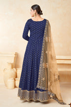 Navy Blue Taffeta Silk Anarkali Gown Dress for Ladies with Thread and Sequins Embroidery