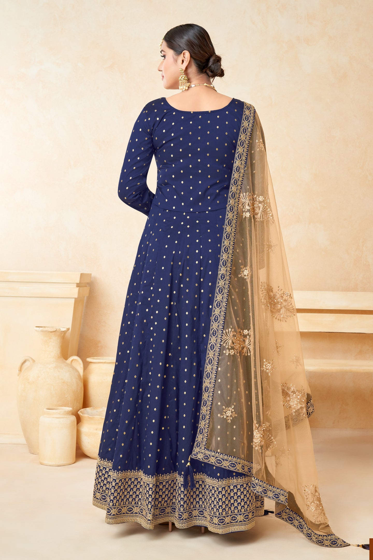 Navy Blue Taffeta Silk Anarkali Gown Dress for Ladies with Thread and Sequins Embroidery