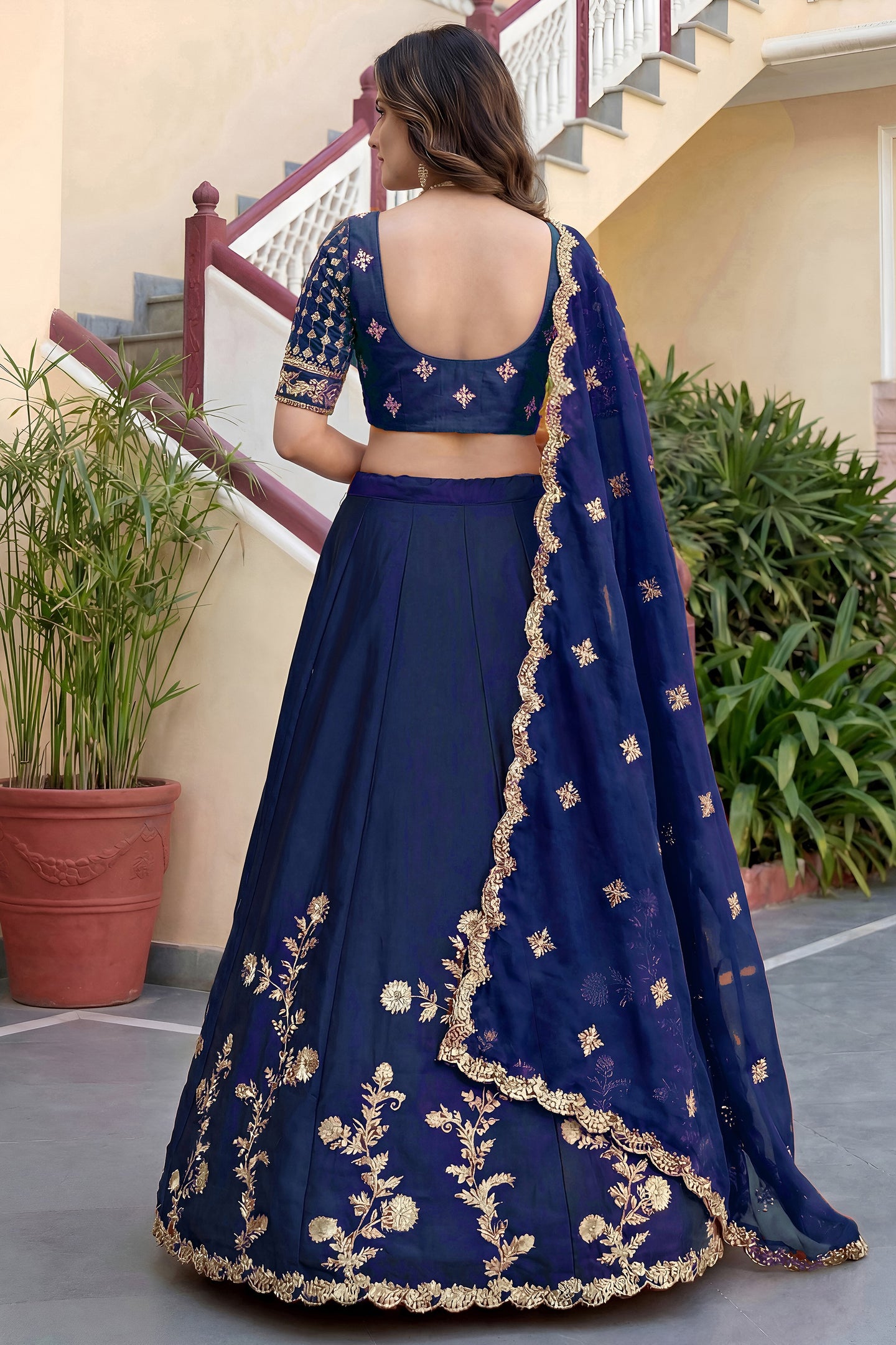 Navy Blue Rangoli Silk Wedding Lengha for Women with Zari Work