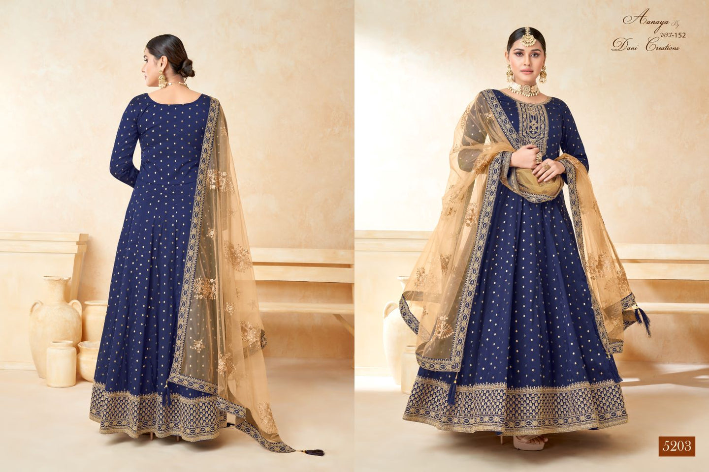 Navy Blue Taffeta Silk Anarkali Gown Dress for Ladies with Thread and Sequins Embroidery