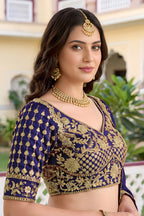 Navy Blue Rangoli Silk Wedding Lengha for Women with Zari Work