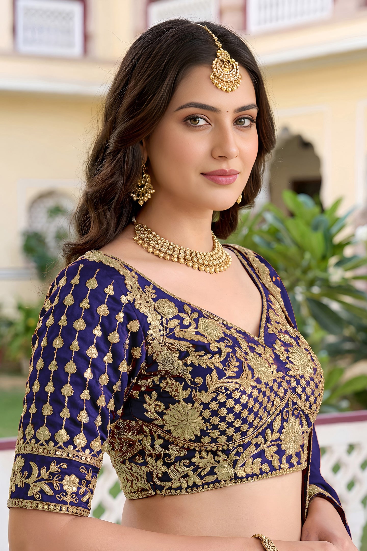 Navy Blue Rangoli Silk Wedding Lengha for Women with Zari Work