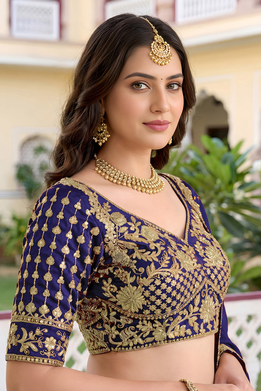 Navy Blue Rangoli Silk Wedding Lengha for Women with Zari Work