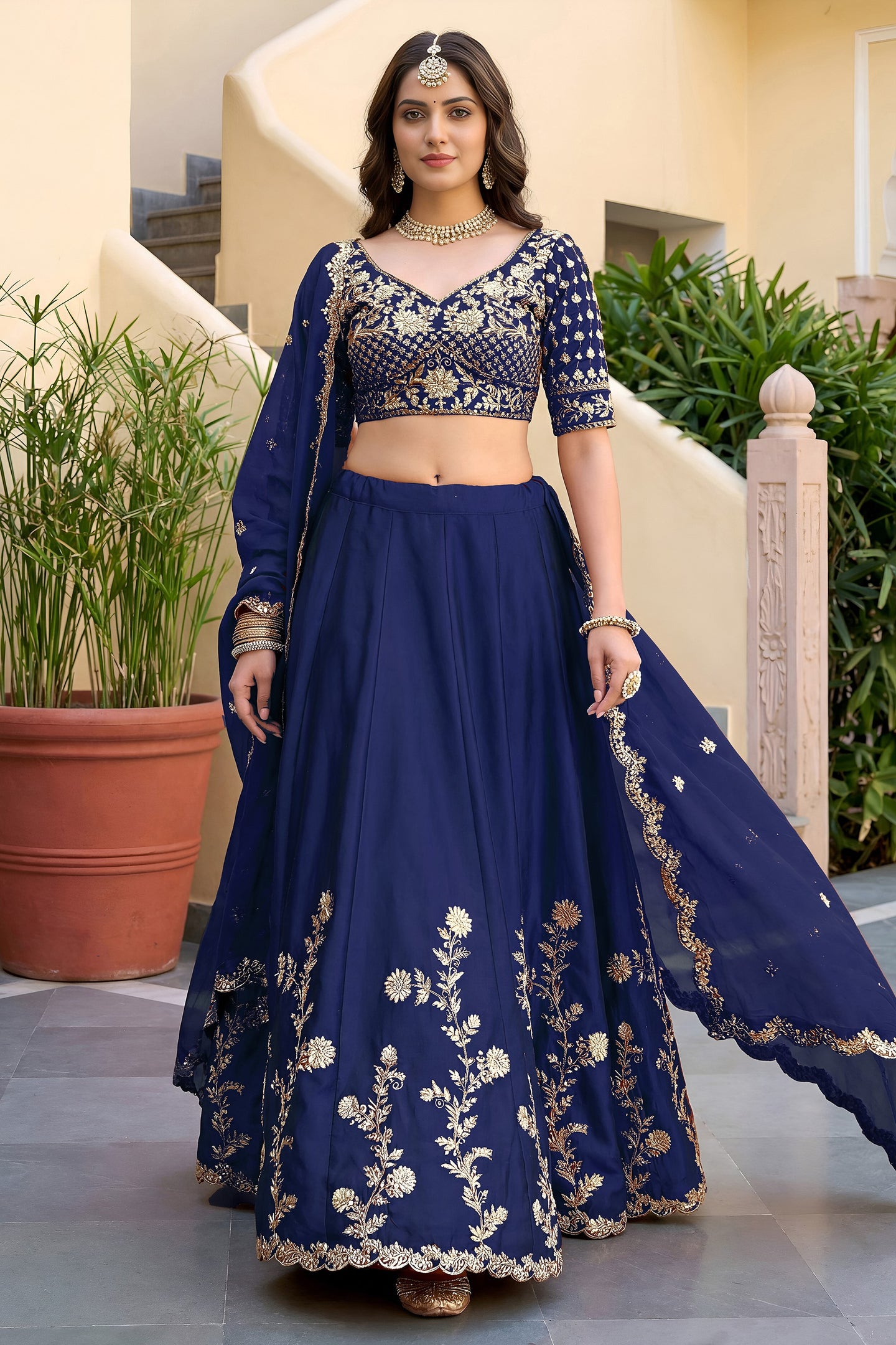 Navy Blue Rangoli Silk Wedding Lengha for Women with Zari Work