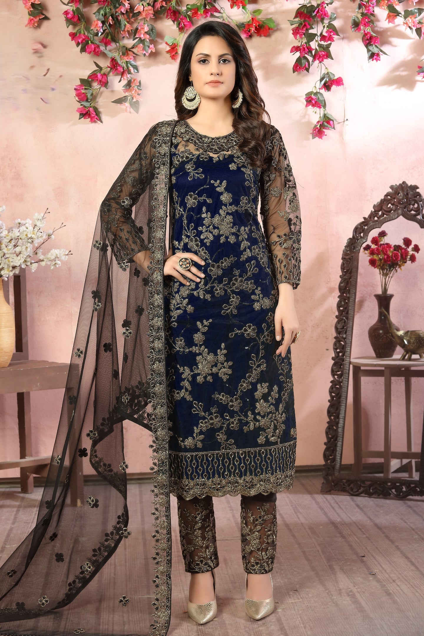 Navy Net Traditional Pakistani Clothing Kameez with Pant