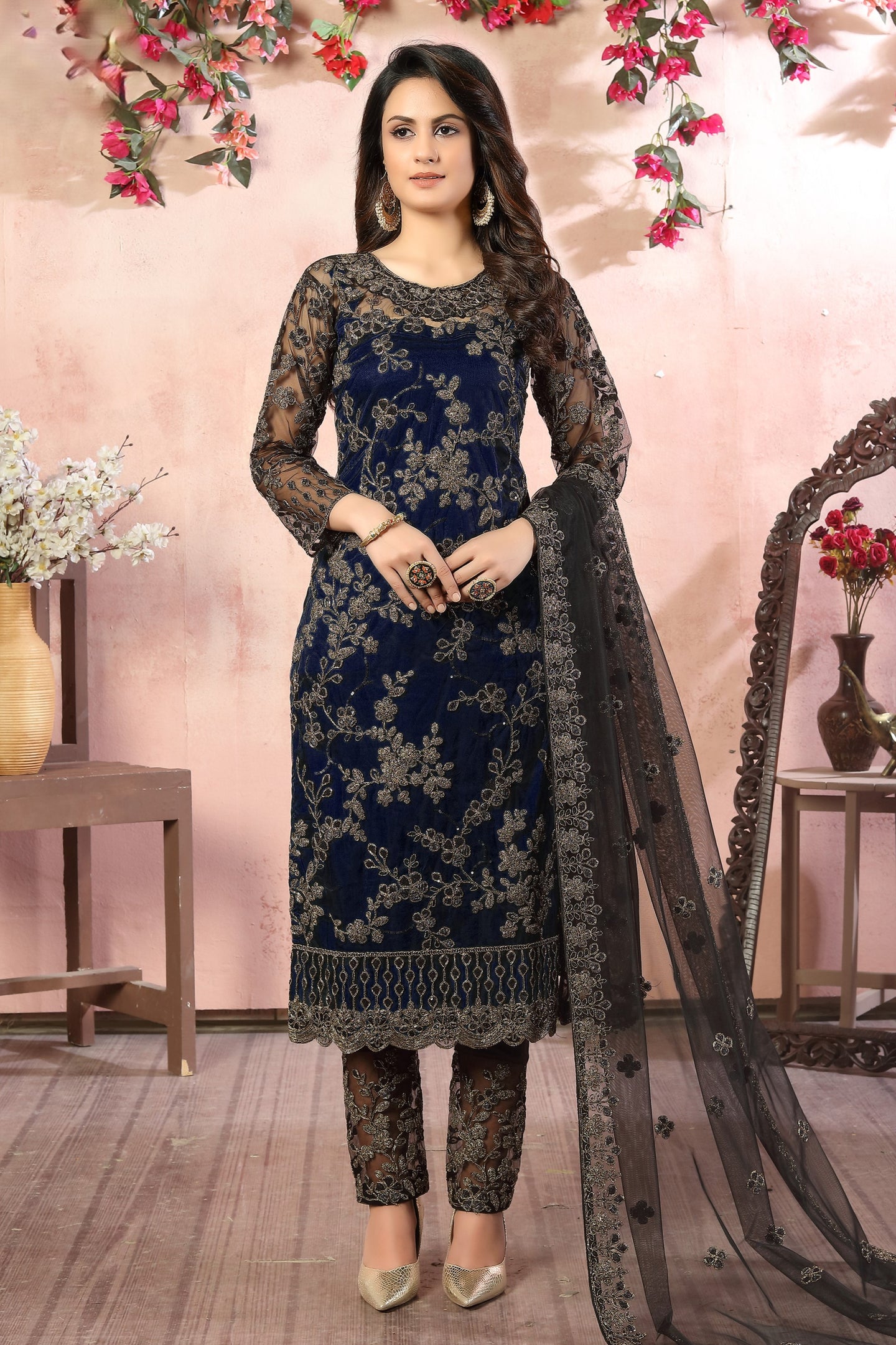 Navy Net Traditional Pakistani Clothing Kameez with Pant