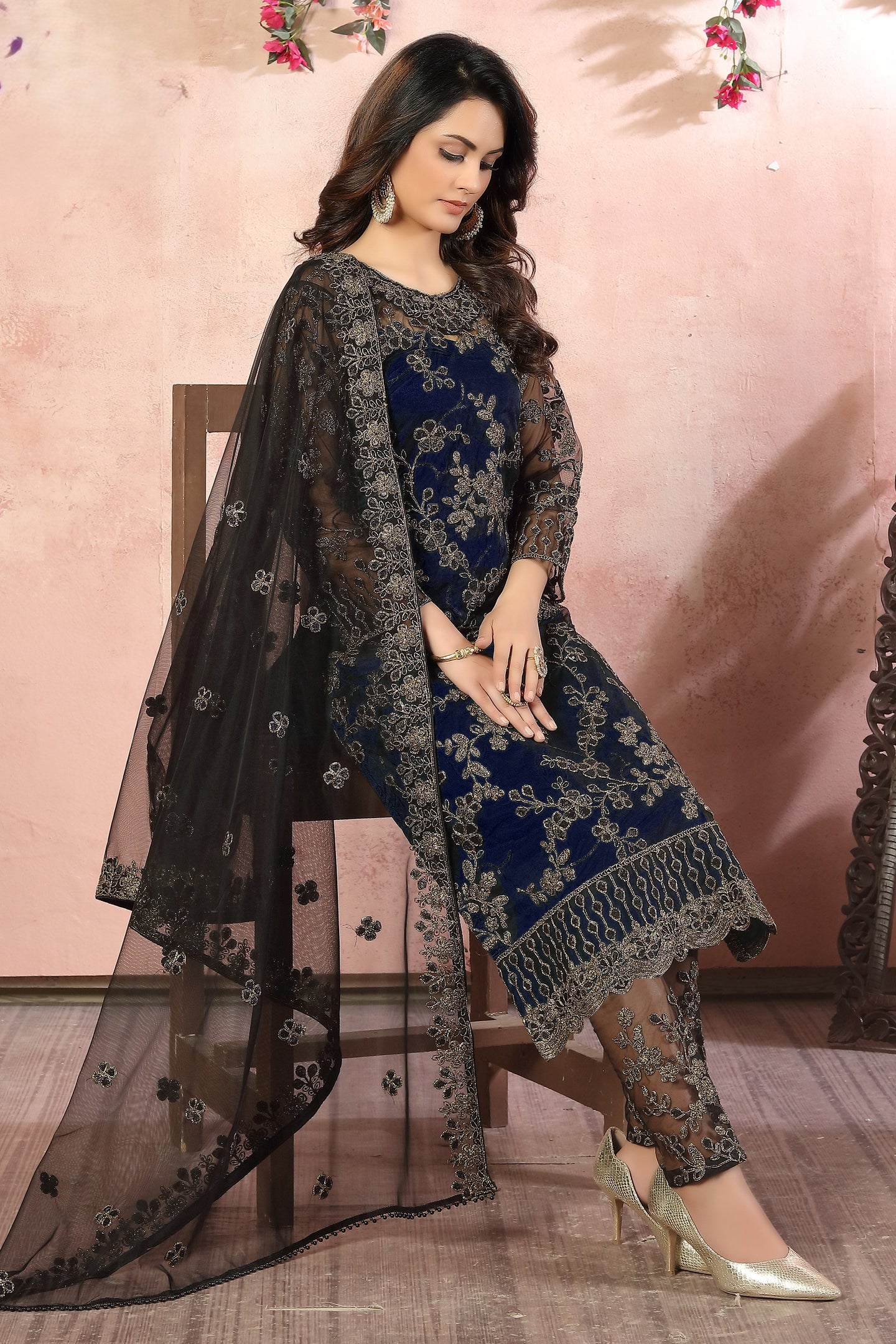 Navy Net Traditional Pakistani Clothing Kameez with Pant