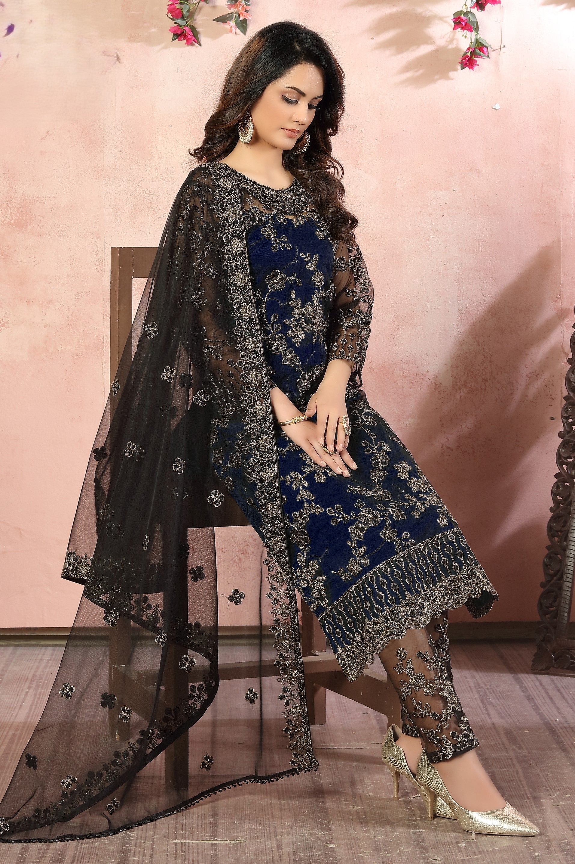 Navy Net Traditional Pakistani Clothing Kameez with Pant
