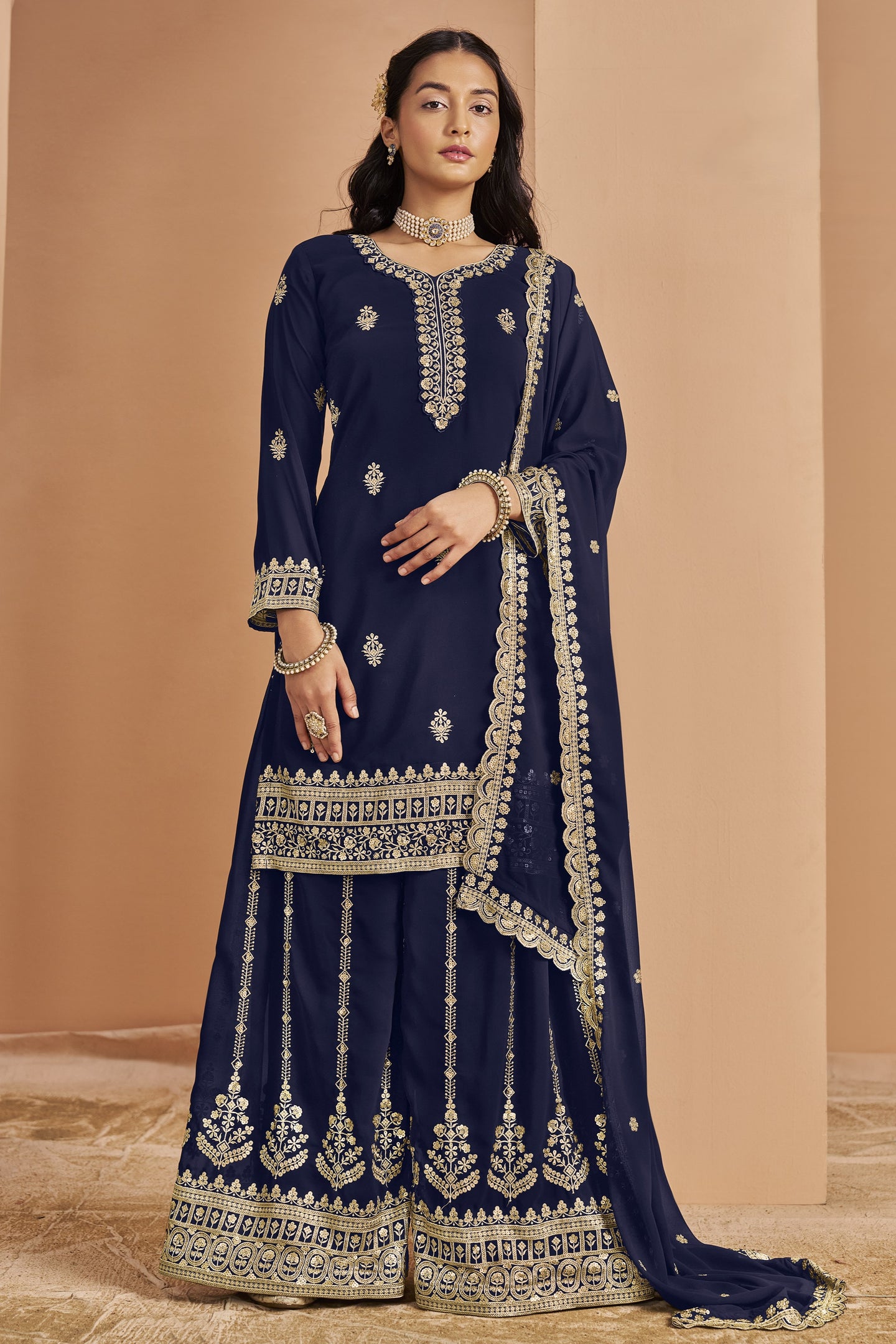 Navyblack Georgette Latest Plazo Design for Wedding with Embroidery